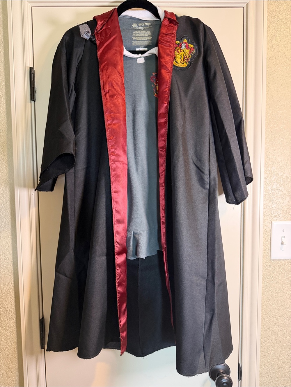 Kids’ Hermione Costume -Black Robe with Red Satin-Lined Hood and Gray Dress